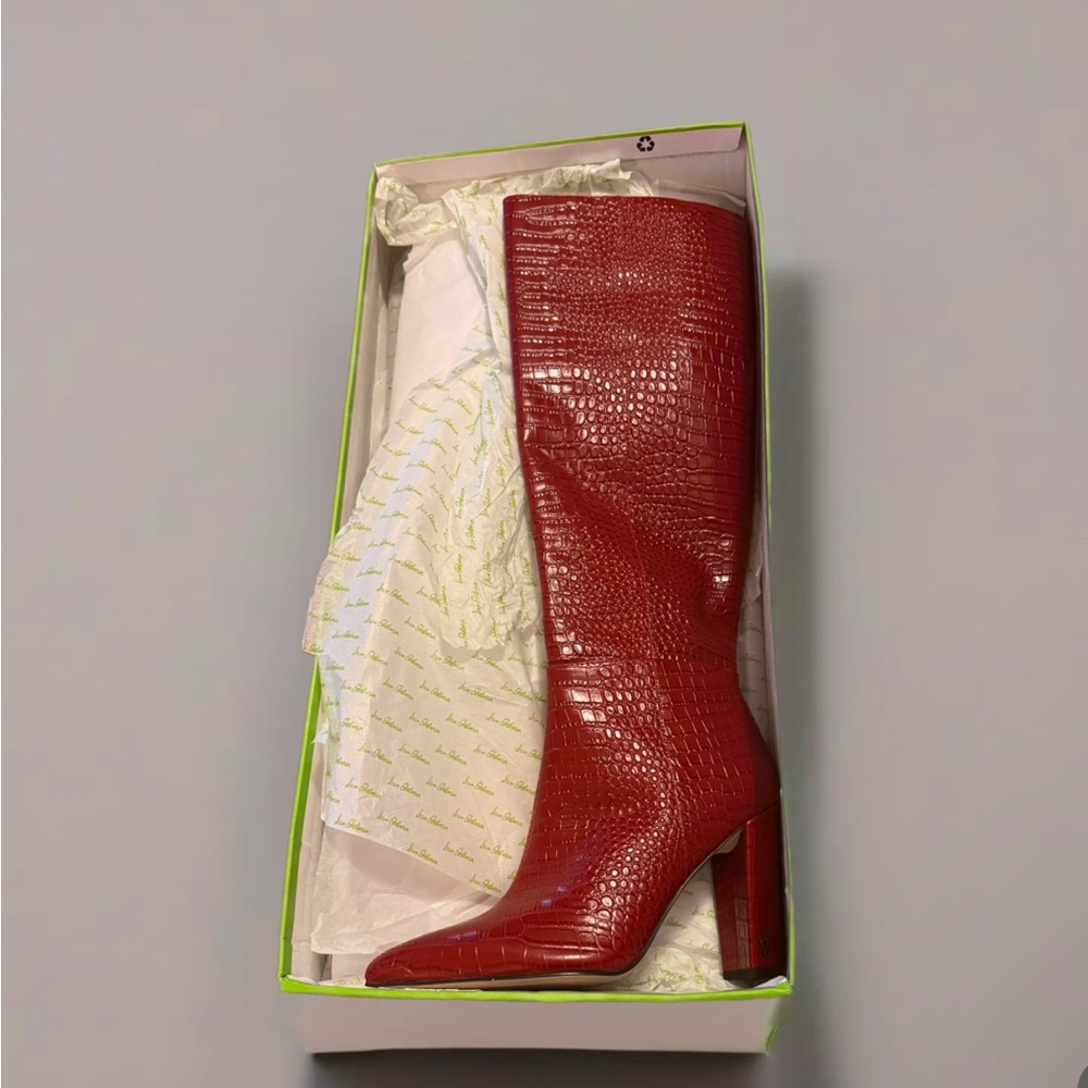 Red Croc-Embossed Knee-High Boots
